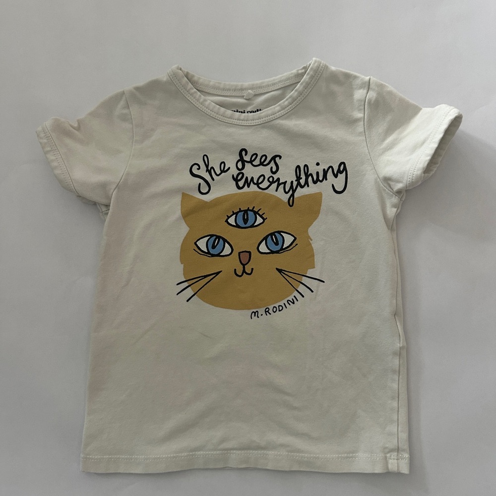 Mini Rodini White Tee with Cat and Text Design